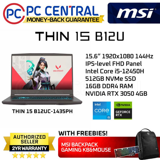 MSI GAMING Thin 15 B12UC-1435PH | 15.6inch | FHD IPS 144Hz | Core i5-12450H | 16GB DDR4 RAM | 512GB SSD | RTX 3050 4GB | WIN11 (PC CENTRAL)NTRAL)