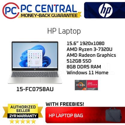 HP Laptop 15-fc0758AU | 15.6″ FHD | AMD Ryzen 3-7320U | 8GB DDR4 RAM | 512GB SSD | AMD Radeon Graphics | Windows 11 Home
