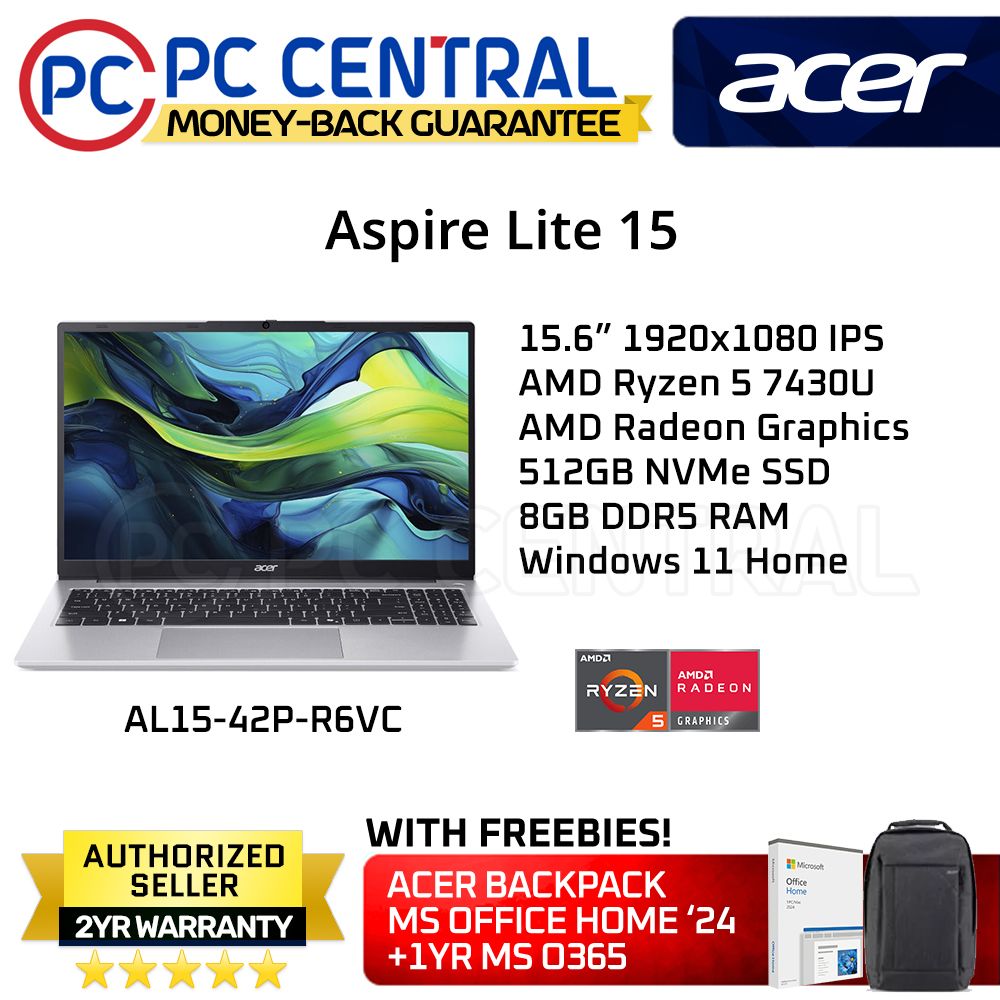 Acer Aspire Lite 15 AL15-42P-R6VC OPI (Light Silver) |15.6" FHD |AMD R5 7430U |8GB DDR4 | 512GB SSD | Radeon Graphics|Win11 Home | PC Central