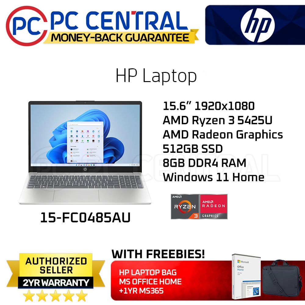HP Laptop 15-fc0485AU | 15.6" 1920x1080 | AMD Ryzen 3 5425U | 8GB DDR4 RAM | 512GB SSD | AMD Radeon | Win 11 Home | PC Central