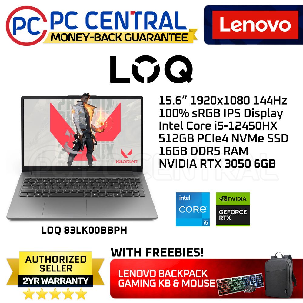 Lenovo LOQ 15IAX9E 83LK00BBPH | 15.6" FHD | Core i5-12450HX | 16GB DDR5 | 512GB SSD | RTX 3050 6GB | Win 11 Home | PC Central
