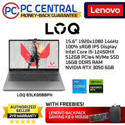 Lenovo LOQ 15IAX9E 83LK00BBPH | 15.6" FHD | Core i5-12450HX | 16GB DDR5 | 512GB SSD | RTX 3050 6GB | Win 11 Home | PC Central