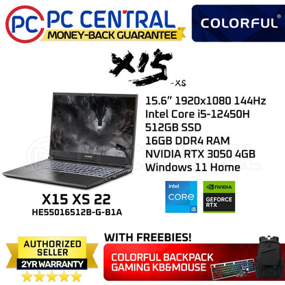 Colorful X15 XS 22 Laptop Intel Core i5-12450H 15.6" 1920x1080 144Hz 512GB SSD 16GB DDR4 RAM NVIDIA RTX 3050 4GB Windows 11 Home