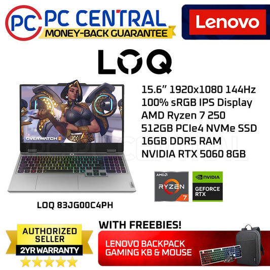 Lenovo LOQ 83JG00C4PH 15.6" Laptop 1920x1080 144Hz Display AMD Ryzen 7 250 512GB PCIe NVMe SSD 16GB DDR5 NVIDIA RTX 5060 8GB | Win 11 Home | PC Central