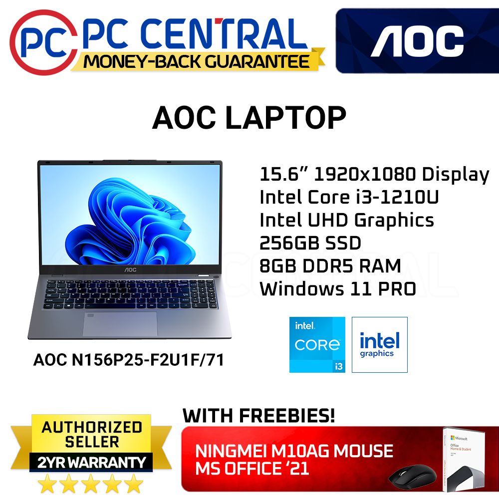 AOC N156P25-F2U1F/71 Laptop |15.6" 1920x1080 Display | Intel Core i3-1210U | Intel UHD Graphics | 256GB SSD | 8GB DDR5 RAM | Windows 11 Pro