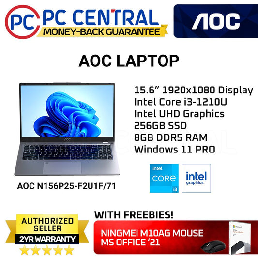 AOC N156P25-F2U1F/71 Laptop |15.6" 1920x1080 Display | Intel Core i3-1210U | Intel UHD Graphics | 256GB SSD | 8GB DDR5 RAM | Windows 11 Pro