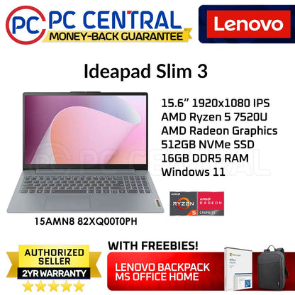 Lenovo IdeaPad sLIM 3 15AMN8 82XQ00T0PH | 15.6" | AMD Ryzen 5 7520U | 16GB DDR5 RAM | 512GB SSD | AMD Graphics | Win 11 Home | PC Central