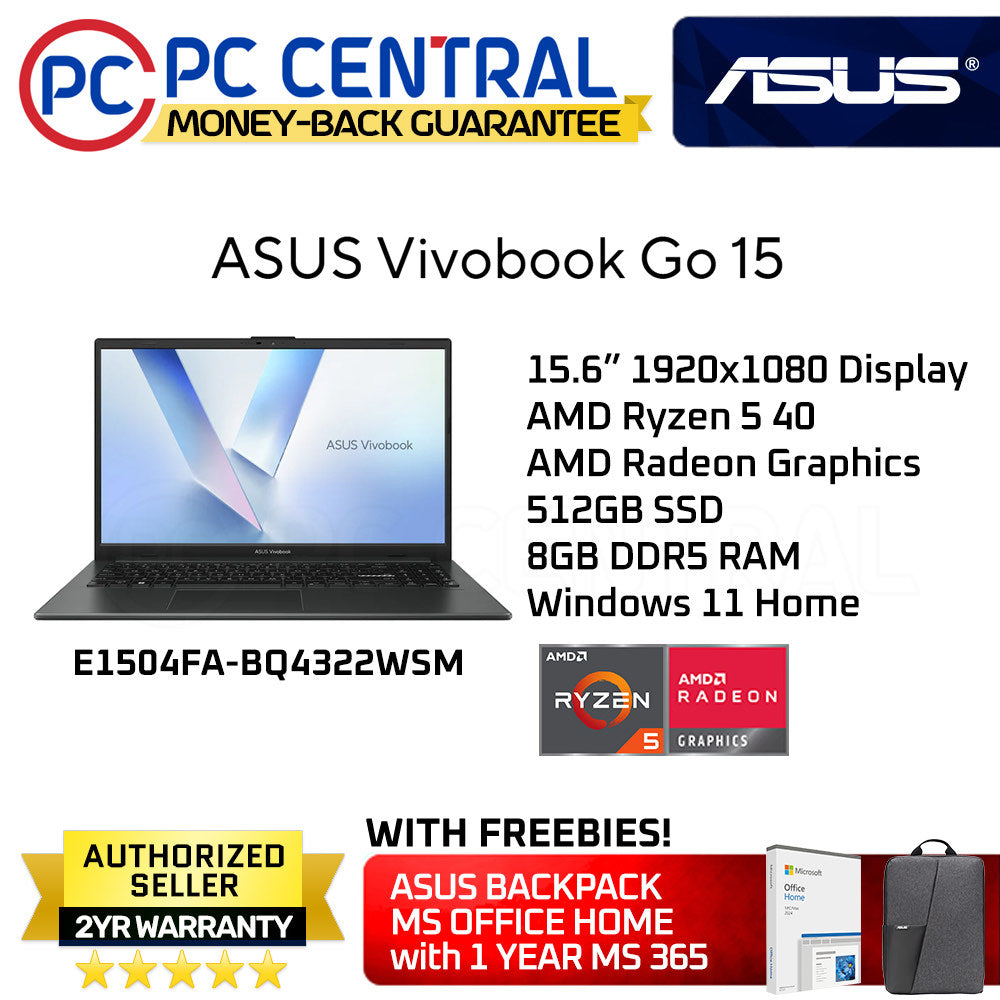 ASUS Vivobook Go 15 (E1504FA-BQ4322WSM) | 15.6" | AMD RYZEN 5 40 | AMD Radeon Graphics | 8GB LPDDR5 | 512GB SSD | WIN11 Home | PC Central