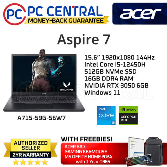 Acer Aspire 7 A715-59G-56W7 | 15.6" 144Hz | Core i5-12450H | 16GB RAM | 512GB SSD | NVIDIA GF RTX3050, 6GB | WIN11 HOME | PC CENTRAL
