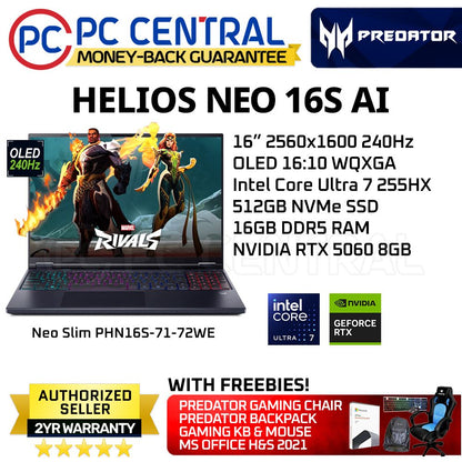 ACER HELIOS NEO SLIM 16S AI PHN16S-71-72WE | 16" 240HZ | Ultra 7 255HX | 512GB SSD /16GB RAM /RTX 5060 8GB | WINDOWSS 11 HOME | PC CENTRAL