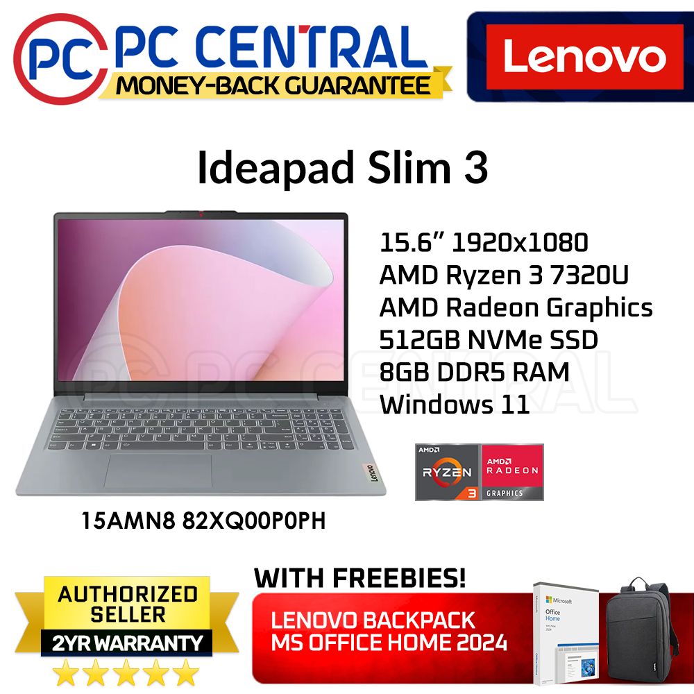 Lenovo IdeaPad Slim 3 15AMN8 82XQ00P0PH | 15.6inch FHD | 8GB RAM | 512GB SSD | AMD Radeon 610M Graphics | WIN11 home | PC Central