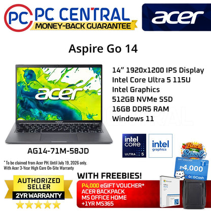 Acer Aspire Go 14 AI AG14-71M-58JD Steel Gray - 14in WUXGA IPS | Core Ultra 5 | 16GB RAM | 512GB SSD | Intel Graphics | WIN11 HOME