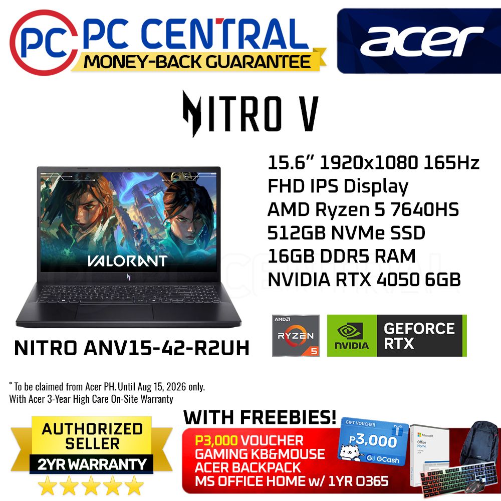 Acer Nitro V 15 ANV15-42-R2AUH | 15.6in FHD IPS 165Hz | Ryzen 5 7640HS | 16GB DDR5 | 512GB SSD | GeForce RTX 4050 6GB | Win11