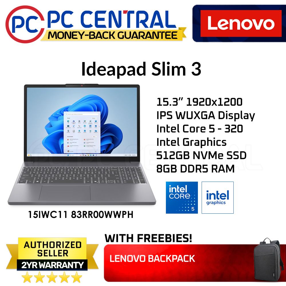 LENOVO IDEAPAD SLIM 3 83RR00WWPH | INTEL CORE 5 320 | 8GB DDR5 RAM | 512GB | INTEL GRAPHICS | PC CENTRAL