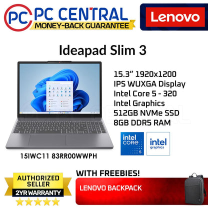 LENOVO IDEAPAD SLIM 3 83RR00WWPH | INTEL CORE 5 320 | 8GB DDR5 RAM | 512GB | INTEL GRAPHICS | PC CENTRAL