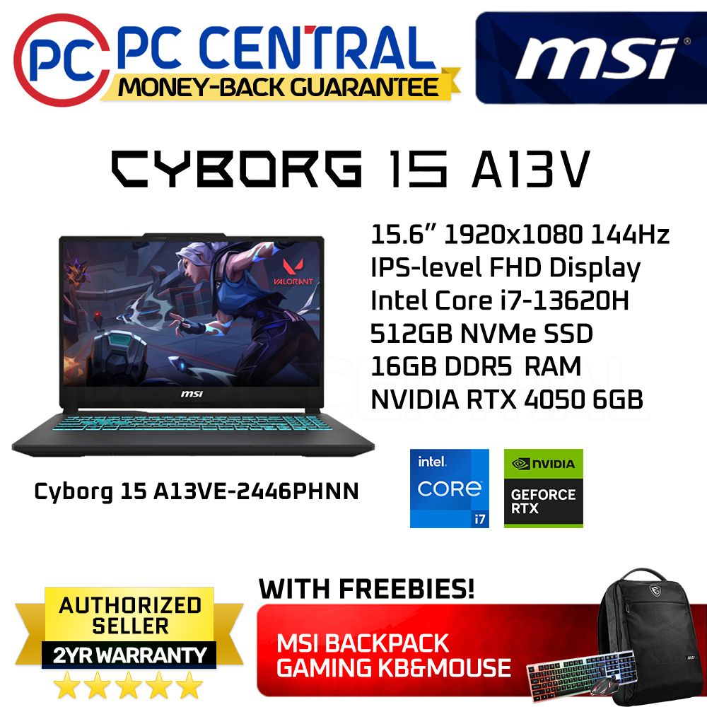 MSI Cyborg 15 A13VE-2446PHNN (Black) | 15.6" FHD (1920x1080) 144Hz IPS | Core i7-13620H | 16GB RAM | 512GB SSD | RTX 4050 | Windows 11 Home