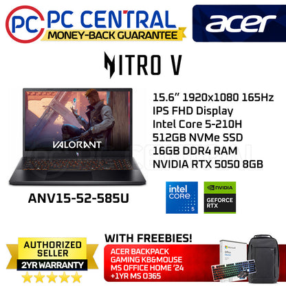 Acer Nitro V 15 ANV15-52-585U 15.6in FHD IPS 165Hz | Intel Core 5 210H | 16GB DDR4 | 512GB SSD | GeForce RTX 5050 8GB | Win11 Home | PC CENTRAL