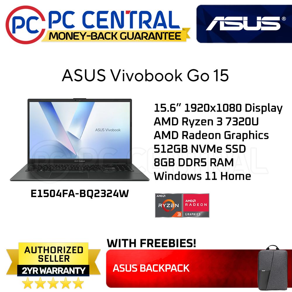 ASUS VIVOBOOK GO 15 E1504FA-BQ2324W | RYZEN 3 7320U | 15.6" FHD | 8GB | 512GB SSD | WIN 11 HOME | PC CENTRAL