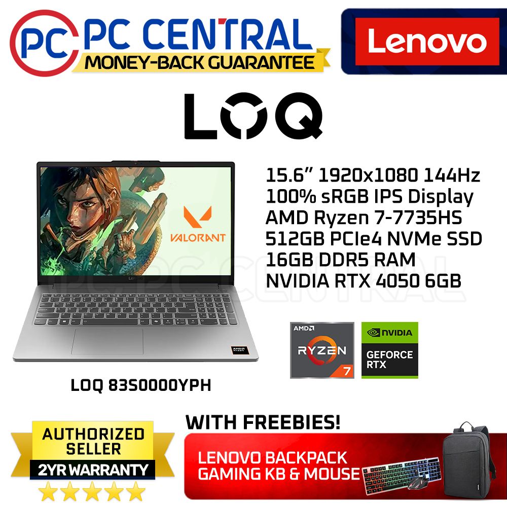 Lenovo LOQ 15ARP10E 83S0000YPH | 15.6" FHD |  Ryzen 7 7735HS | 16GB DDR5 RAM | 512GB SSD | RTX 4050 6GB | WIN 11 HOME | PC Central