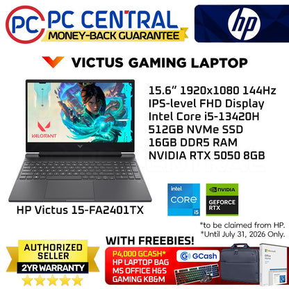 HP Victus Gaming 15-fa2401TX | 15.6in FHD IPS 144Hz | Intel Core i5-13420H | 16GB DDR5 | 512GB SSD | RTX 5050 8GB | Win 11 Home | PC Central