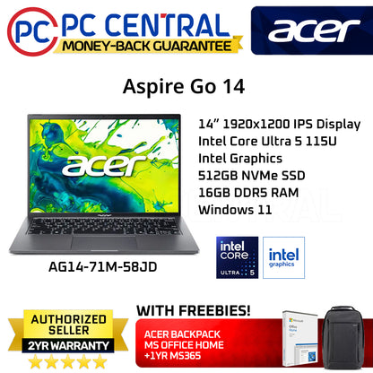 Acer Aspire Go 14 AI AG14-71M-58JD Steel Gray - 14in WUXGA IPS | Core Ultra 5 | 16GB RAM | 512GB SSD | Intel Graphics | WIN11 HOME