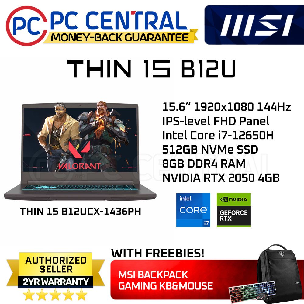 MSI GAMING Thin 15 B12UCX-1436PH | 15.6inch 144Hz | Alder Lake i7 12650H | 8GB DDR4 RAM | 512GB SSD | RTX 2050 4GB | WIN11 HOME | PC CENTRAL