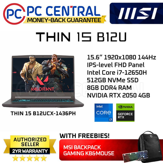 MSI GAMING Thin 15 B12UCX-1436PH | 15.6inch 144Hz | Alder Lake i7 12650H | 8GB DDR4 RAM | 512GB SSD | RTX 2050 4GB | WIN11 HOME | PC CENTRAL
