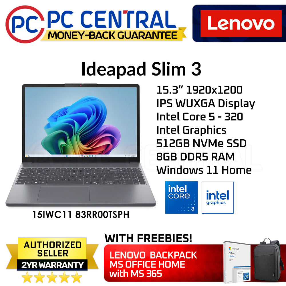 LENOVO IDEAPAD SLIM 3 151WC11 83RR00TSPH | 15.3" | INTEL CORE 5- 320 | 8GB DDR5 RAM | 512GB NVMe SSD | INTEL GRAPHICS