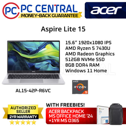 Acer Aspire Lite 15 AL15-42P-R6VC OPI (Light Silver) |15.6" FHD |AMD R5 7430U |8GB DDR4 | 512GB SSD | Radeon Graphics|Win11 Home | PC Central