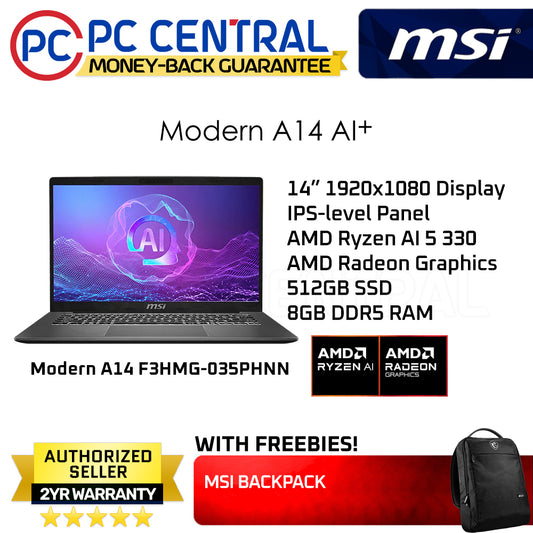 MSI Modern A14 F3HMG-035PHNN Laptop 14" 1920x1080 Display IPS-level Panel AMD Ryzen AI 5 330 AMD Radeon Graphics 512GB SSD 8GB DDR5 RAM