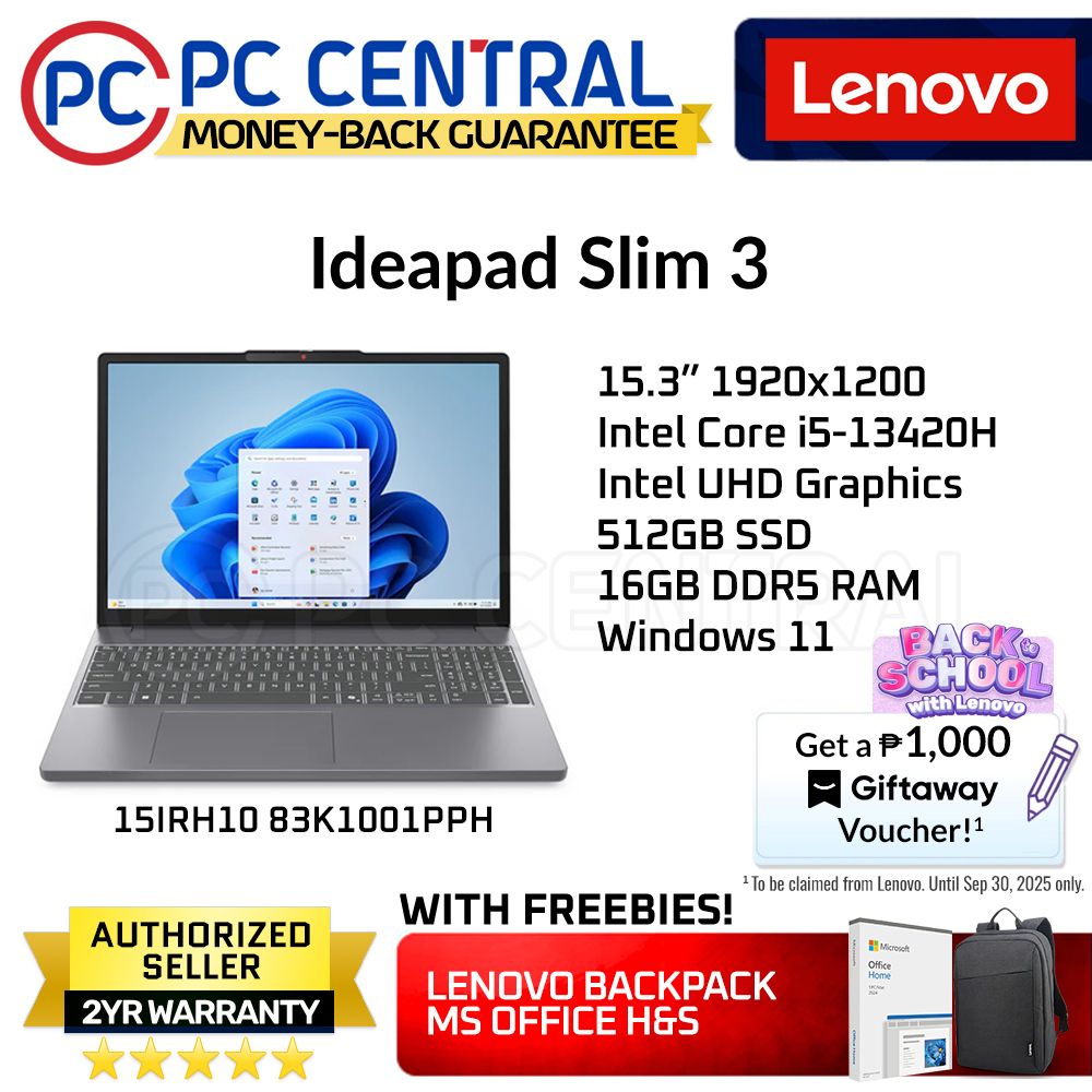 Lenovo Ideapad Slim 3 15IRH10  (83K1001PPH) | Intel Core i5-13420H | 15.6" 1920x1080 | 16GB DDR5 RAM | 512GB NVMe SSD | Win 11 (PC CENTRAL)