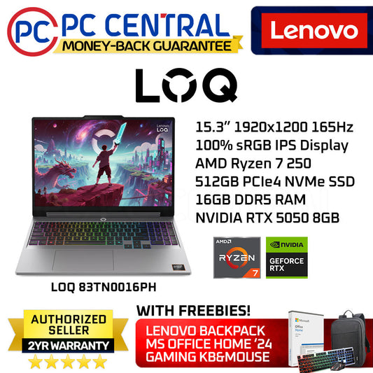 Lenovo LOQ 83TN0016PH 15.3" 165Hz | AMD Ryzen 7 250 |16GB RAM | RTX 5050 8GB | 512GB SSD | Win 11 Home | PC Central