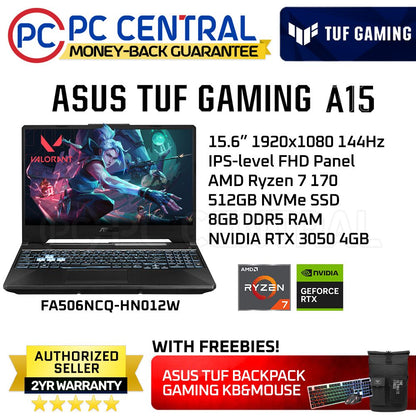 Asus TUF Gaming A15 FA506NCQ-HN012W |15.6In FHD 144Hz | AMD Ryzen 7 170 | 8GB RAM | 512GB SSD | RTX3050 4GB | Win11 | PC Central