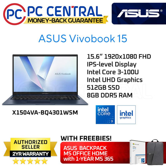 ASUS VIVOBOOK 15 X1504VA-BQ4301WSM | INTEL CORE 3 100U | 8GB DDR5 RAM | 512GB SSD | UHD GRAPHICS | PC CENTRAL