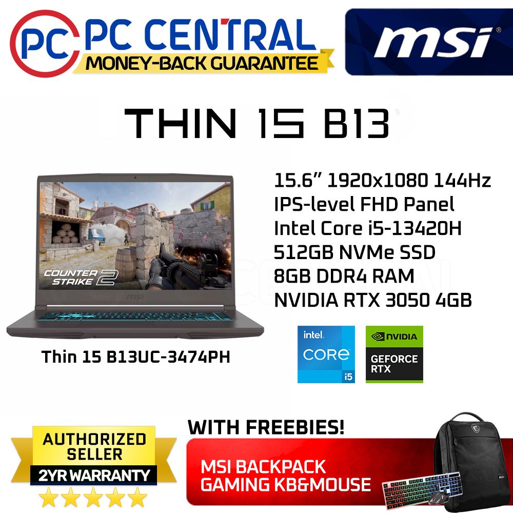 MSI Gaming Thin 15 B13UC-3474PH | 15.6inch FHD IPS 144Hz | Raptor Lake i5-13420H | 8GB RAM | 512GB SSD | RTX 3050 4GB | WIN11