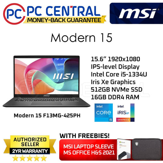 MSI Modern 15 F13MG-425PH | Intel i5-1334U | 16GB RAM | 512GB SSD | Iris Xe  | Win 11 | PC Central