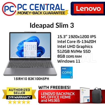 Lenovo Ideapad Slim 3 15IRH10  (83K100H5PH) | Intel Core i5-13420H | 15.6" 1920x1080 | 8GB DDR5 RAM | 512GB NVMe SSD | Win 11 Home (PC CENTRAL)