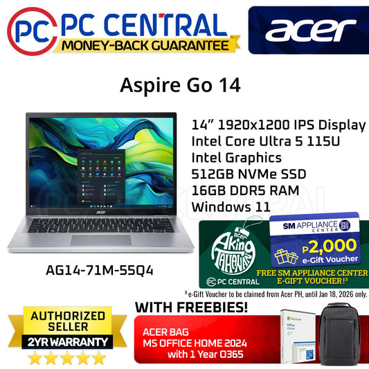 Acer Aspire Go 14 AI AG14-71M-55Q4 - 14in WUXGA IPS | Intel Core Ultra 5 115U | 16GB RAM | 512GB SSD | Intel Graphics | WIN 11 Home | PC Central