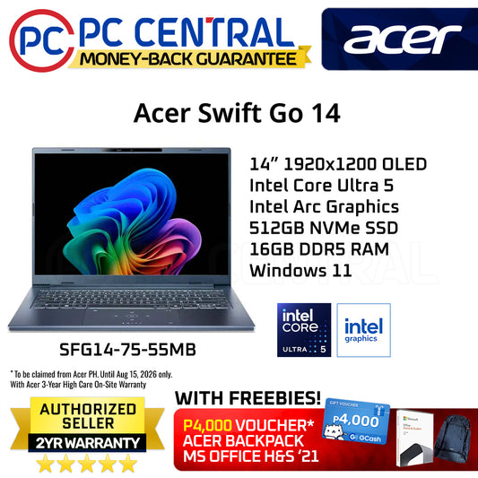 Acer Swift Go SFG14-75-55MB | Steam Blue | Core Ultra 5 226V | 16GB RAM | 512GB SSD | 14in OLED | Intel Arc Graphics | Win11
