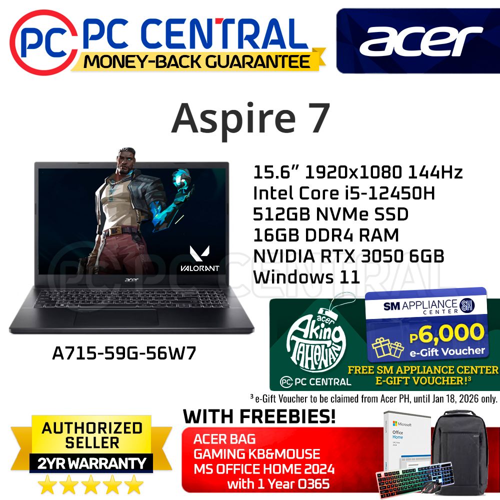 Acer Aspire 7 A715-59G-56W7 | 15.6" 144Hz | Core i5-12450H | 16GB RAM | 512GB SSD | NVIDIA GF RTX3050, 6GB | WIN11 HOME | PC CENTRAL