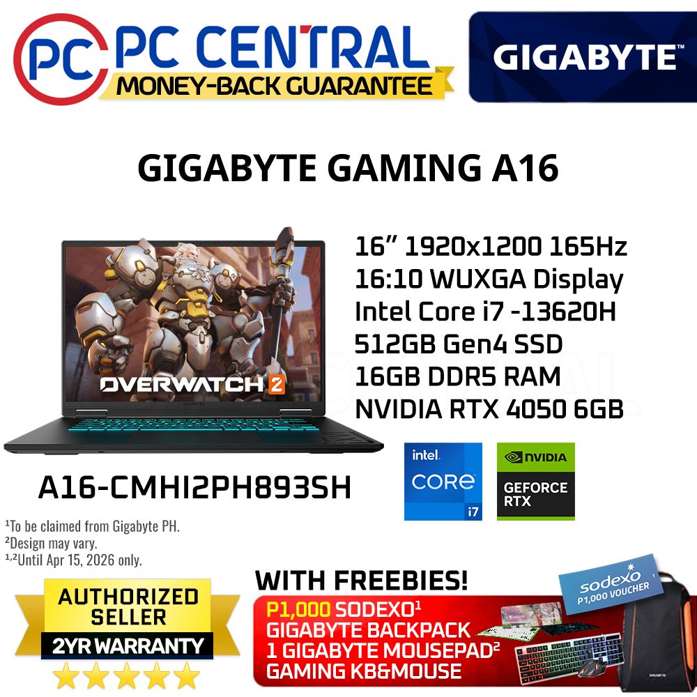 GIGABYTE GAMING A16-CMHI2PH893SH | 16″ 1920×1200 165Hz | i7-13620H | 16GB DDR5 RAM | 512GB SSD | RTX 4050 6GB | WINDOWS 11 HOME | PC CENTRAL