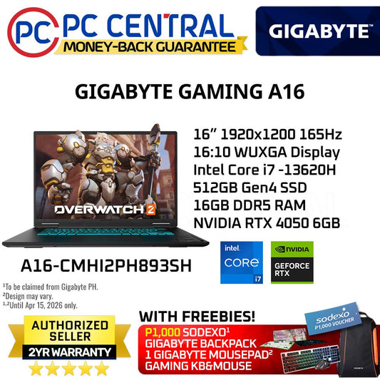GIGABYTE GAMING A16-CMHI2PH893SH | 16″ 1920×1200 165Hz | i7-13620H | 16GB DDR5 RAM | 512GB SSD | RTX 4050 6GB | WINDOWS 11 HOME | PC CENTRAL