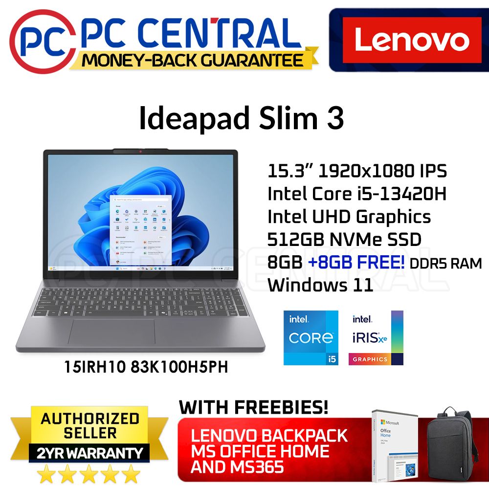 Lenovo Ideapad Slim 3 15IRH10  (83K100H5PH) | Intel Core i5-13420H | 15.6" 1920x1080 | 16GB DDR5 RAM | 512GB NVMe SSD | Win 11 (PC CENTRAL)