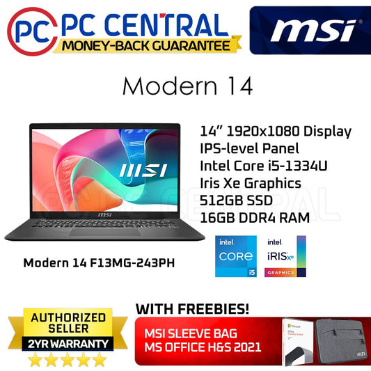 MSI Modern 14 F13MG-243PH | 14in FHD IPS | Intel Core i5 1334U | 16GB DDR4 | 512 GB SSD | Intel Xe Graphics | Win11 | PC Central