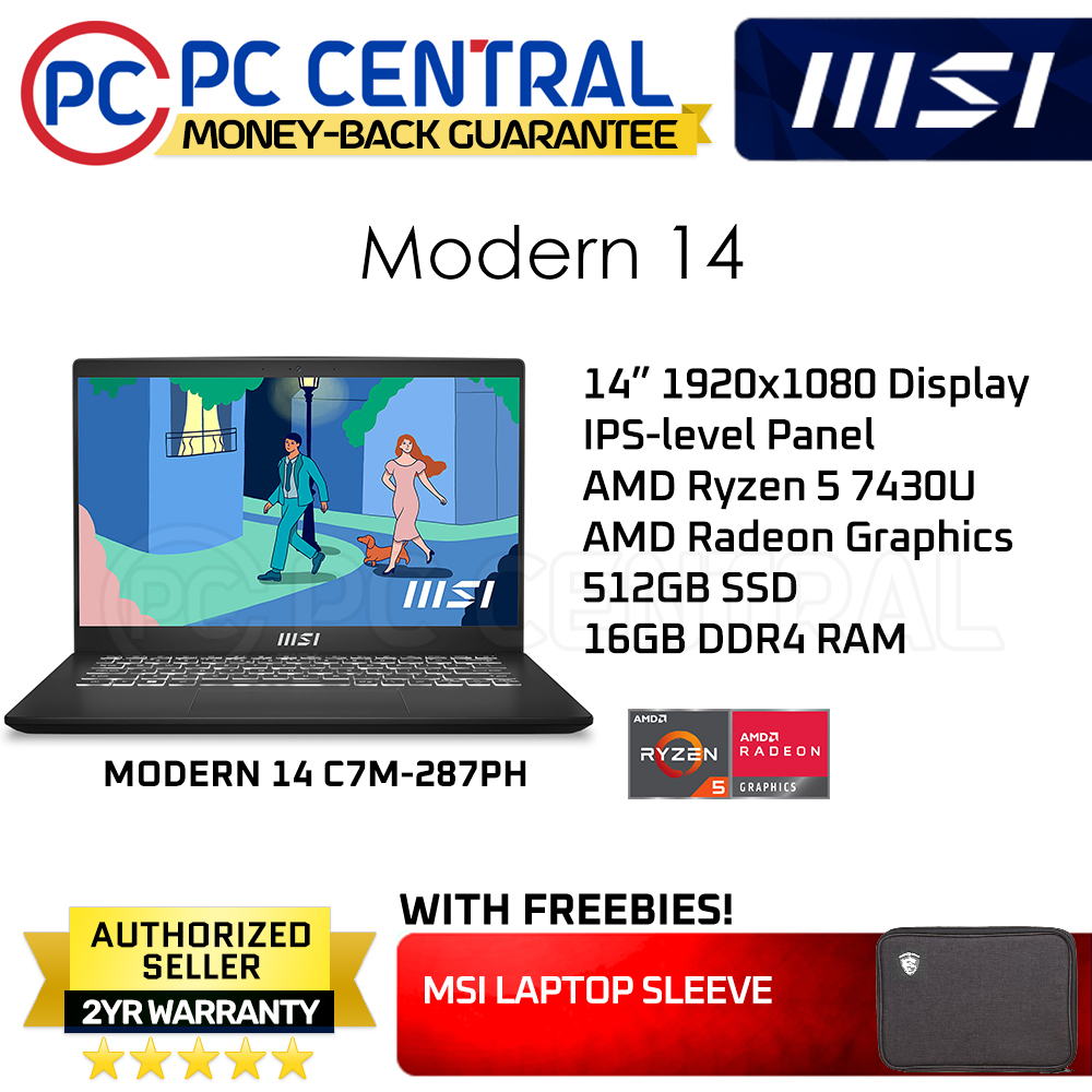 MSI Modern 14 C7M-287PH | 14" | AMD Ryzen 5 7430U | 16GB DDR4 RAM | 512GB SSD | AMD Radeon Graphics | WIN 11 HOME | PC CENTRAL