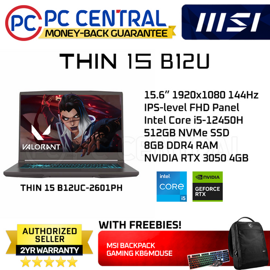 MSI Thin (THIN 15 B12UC-2601PH) Gaming Laptop | Intel i5-12450H (6 cores) | RTX 3050 | 512GB SSD | 8GB RAM | WIN 11 (PC CENTRAL)
