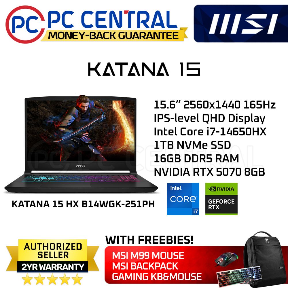 MSI KATANA 15 HX B14WGK- 251PH | 15.6"QHD 165Hz | Intel i7-14650HX | 16GB DDR5 RAM | 1TB SSD | RTX 5070 8GB | WIN 11 HOME | PC CENTRAL