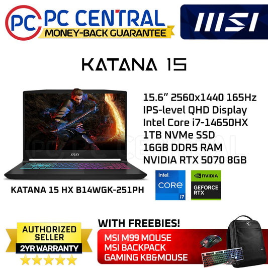 MSI KATANA 15 HX B14WGK- 251PH | 15.6"QHD 165Hz | Intel i7-14650HX | 16GB DDR5 RAM | 1TB SSD | RTX 5070 8GB | WIN 11 HOME | PC CENTRAL