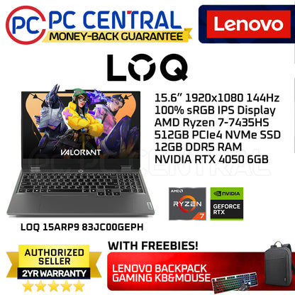 Lenovo LOQ 15ARP9 83JC00GEPH | 15.6" FHD |  Ryzen 7 7435HS | 12GB DDR5 RAM | 512GB SSD | RTX 4050 6GB | WIN 11 HOME | PC Central