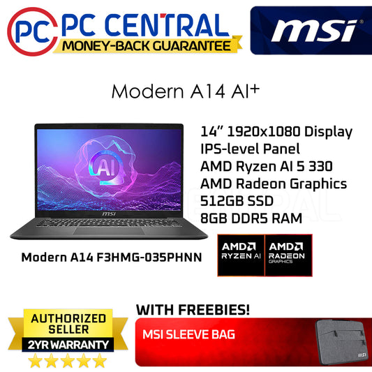 MSI Modern A14 F3HMG-035PHNN Laptop 14" 1920x1080 Display IPS-level Panel AMD Ryzen AI 5 330 AMD Radeon Graphics 512GB SSD 8GB DDR5 RAM
